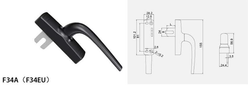 Thông số kỹ thuật tay nắm đa điểm cửa sổ Draho F34A màu đen, xám, bạc