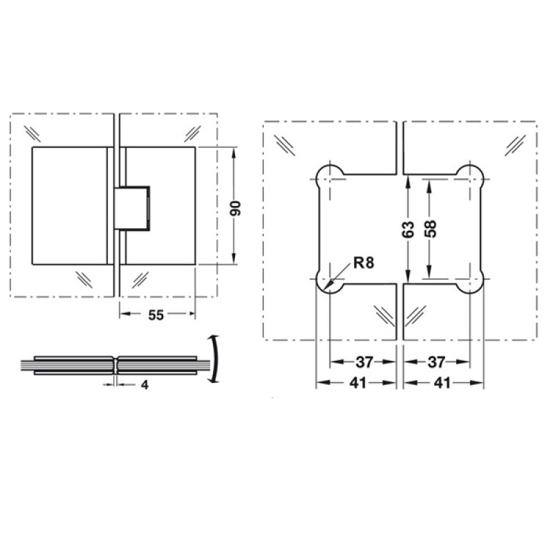 Thông số kĩ thuật bản lề kính kính 180 độ Hafele 981.00.513