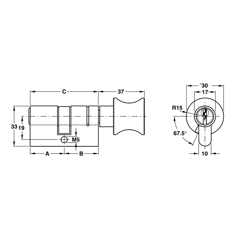 Thông số kĩ thuật lõi khóa 1 đầu chìa 1 núm vặn Hafele 916.01.007 63mm