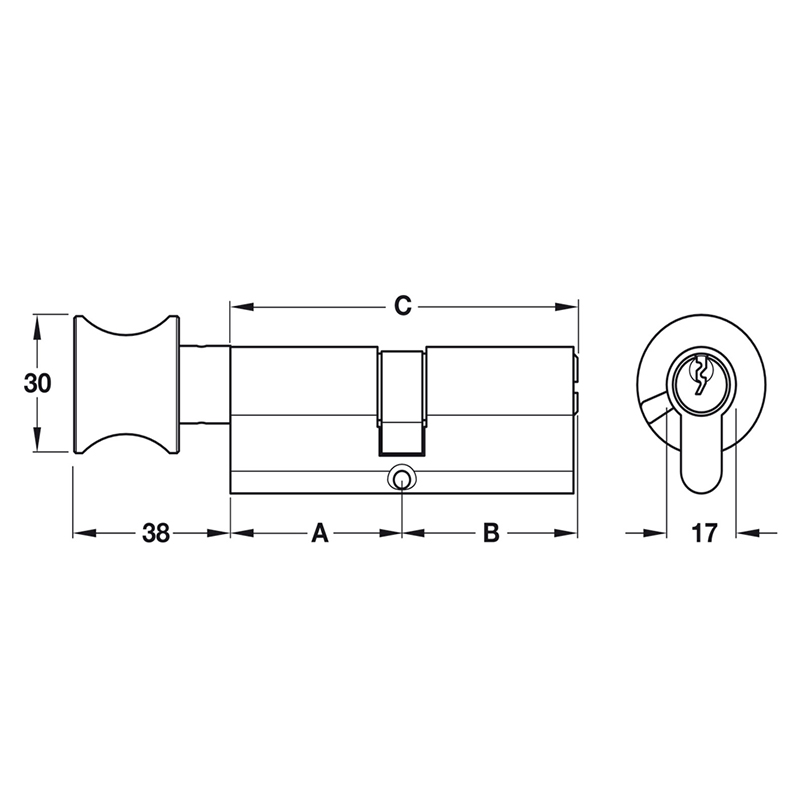 Thông số kĩ thuật lõi khóa 1 đầu chìa 1 núm vặn Hafele 916.96.307 60mm