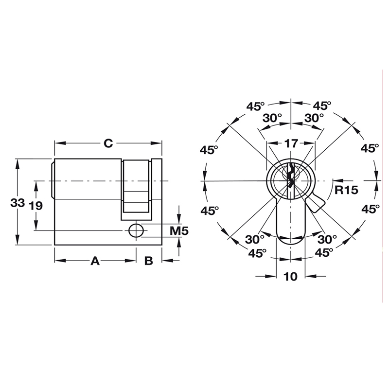 Thông số kĩ thuật lõi khóa 1 đầu chìa Hafele 916.96.117 45mm