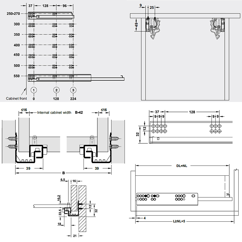 Thông số kĩ thuật ray âm giảm chấn Hafele 433.03.002 300mm