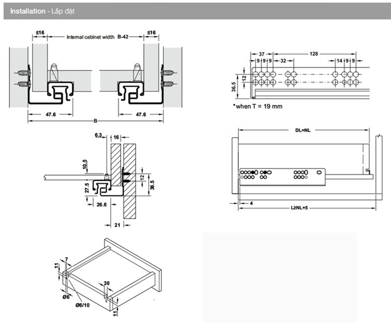 Thông số kĩ thuật ray âm nhấn mở Hafele 433.03.133 350mm