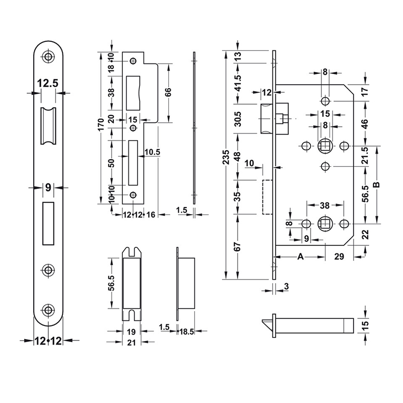 Thông số kĩ thuật thân khóa B55-78A Hafele 911.02.157