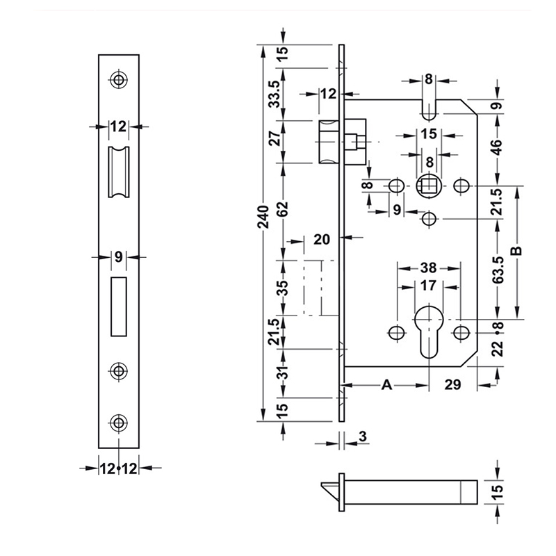 Thông số kĩ thuật thân khóa E45-85A Hafele 911.02.165