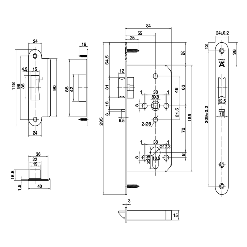 Thông số kĩ thuật thân khóa E55-72A Hafele 911.23.427