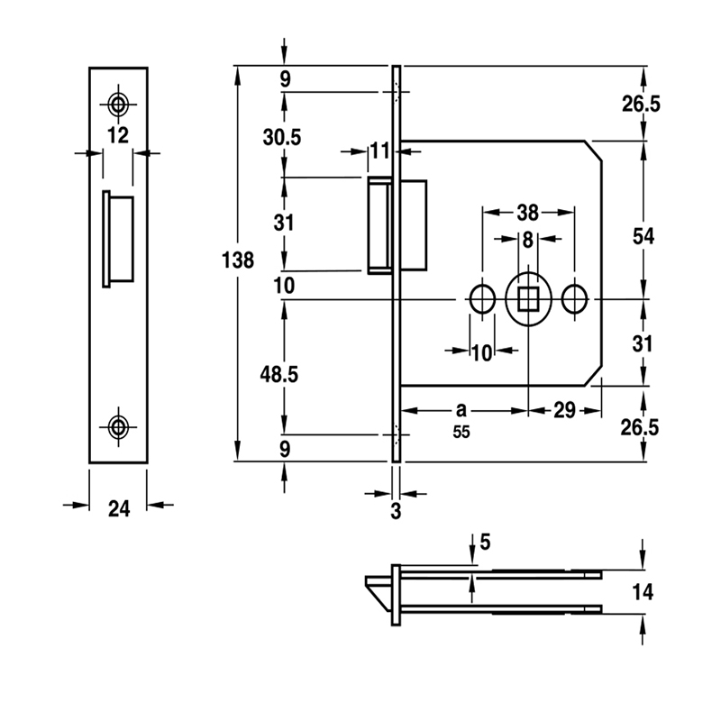 Thông số kĩ thuật thân khóa P55-0A Hafele 911.23.841