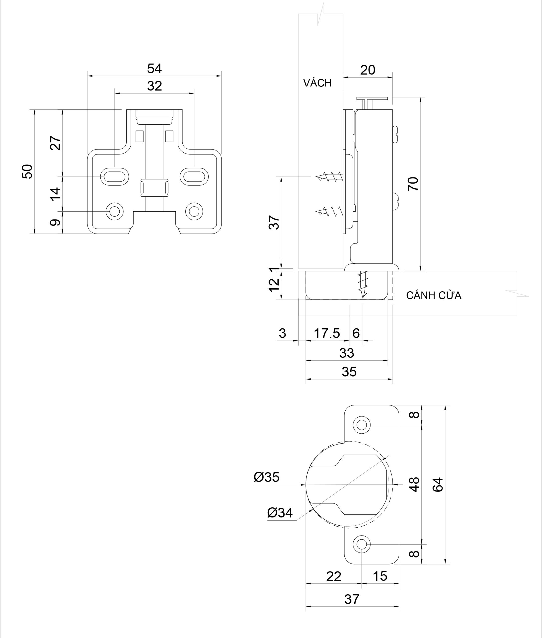 Thông số kỹ thuật bản lề bật giảm chấn IVAN 01370.001