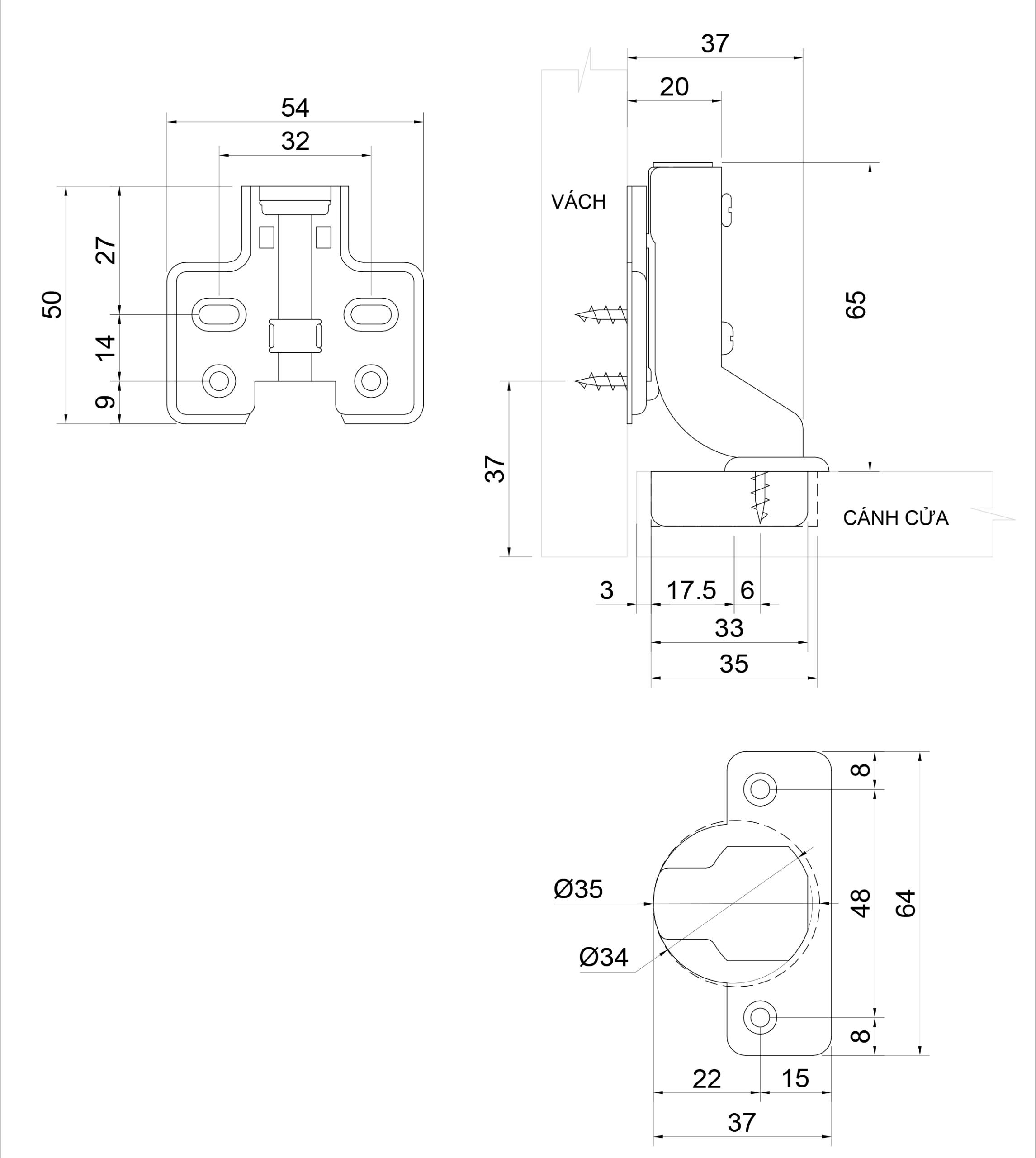 Thông số kỹ thuật bản lề bật giảm chấn IVAN 01370.003