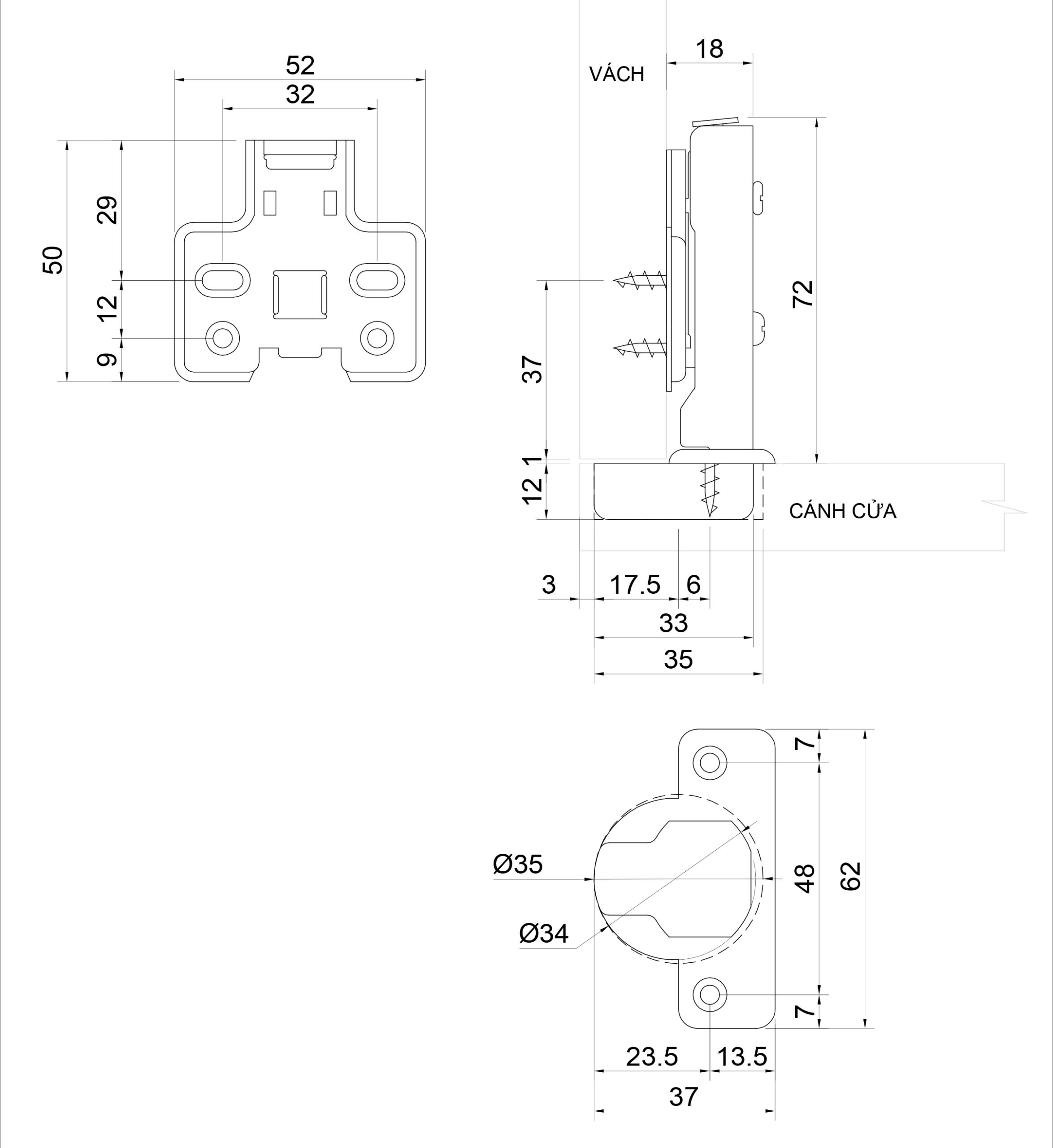 Thông số kỹ thuật bản lề bật giảm chấn IVAN 01408.001