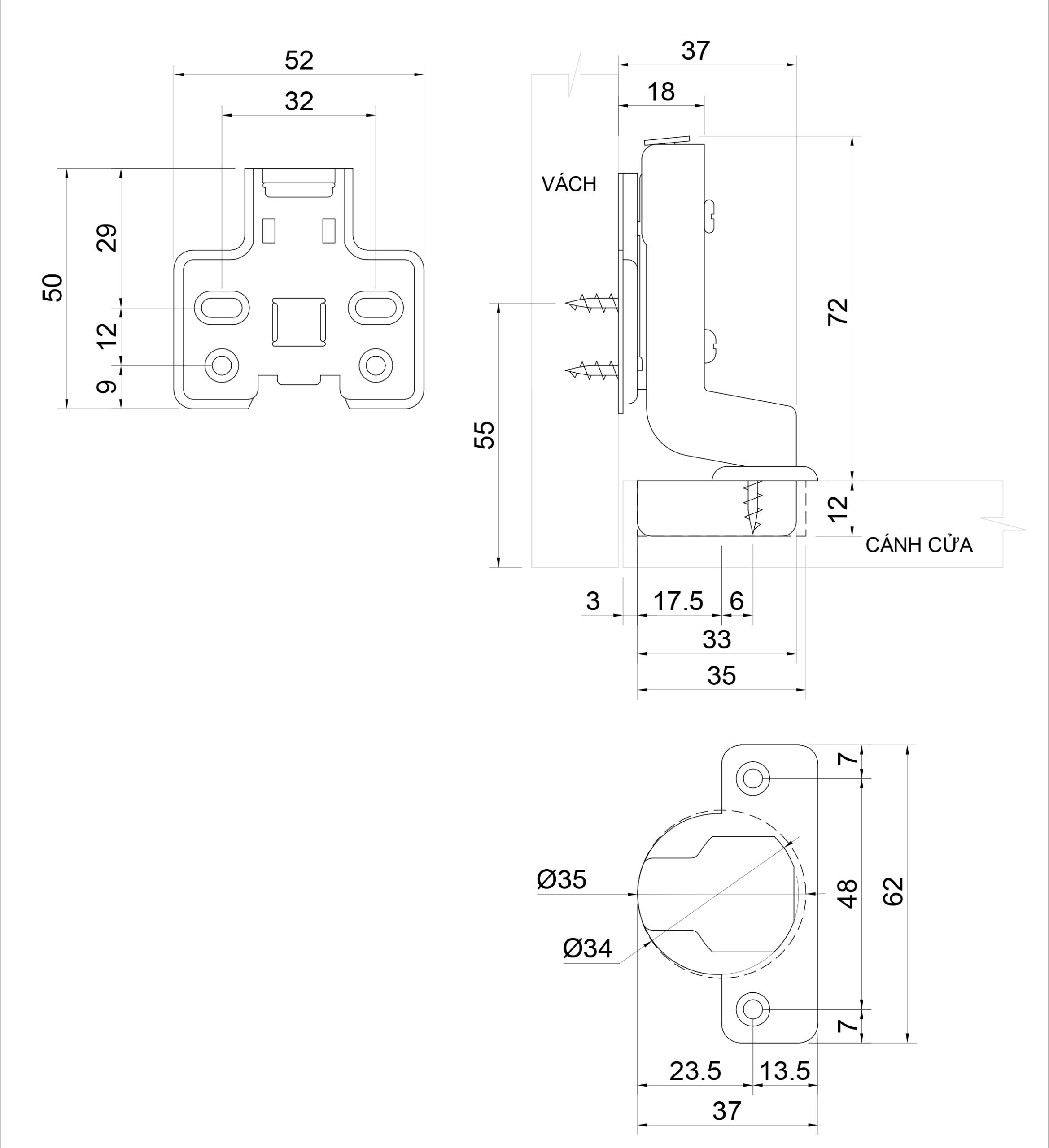 Thông số kỹ thuật bản lề bật giảm chấn IVAN 01408.003