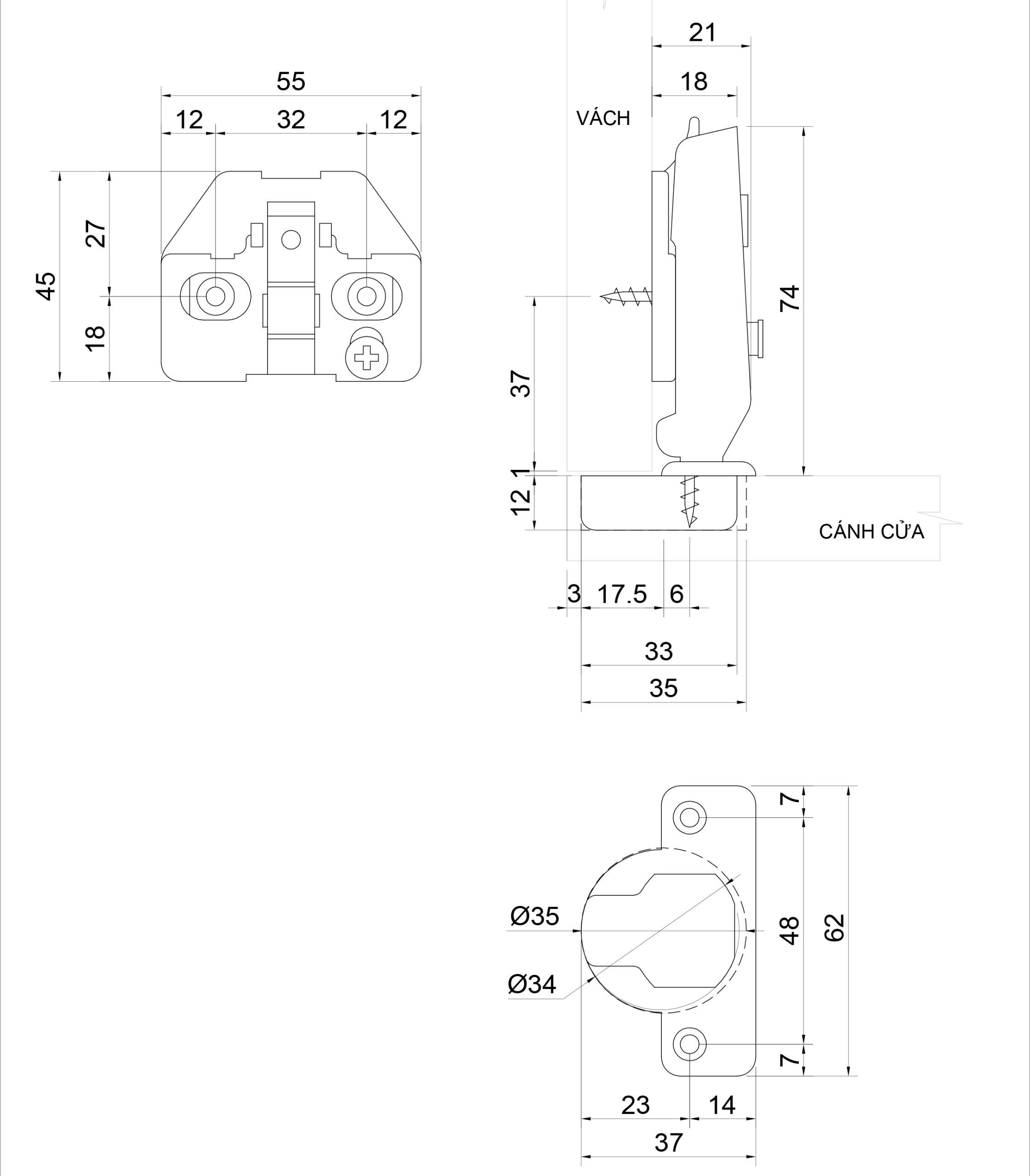 Thông số kỹ thuật bản lề bật giảm chấn IVAN 01489.001