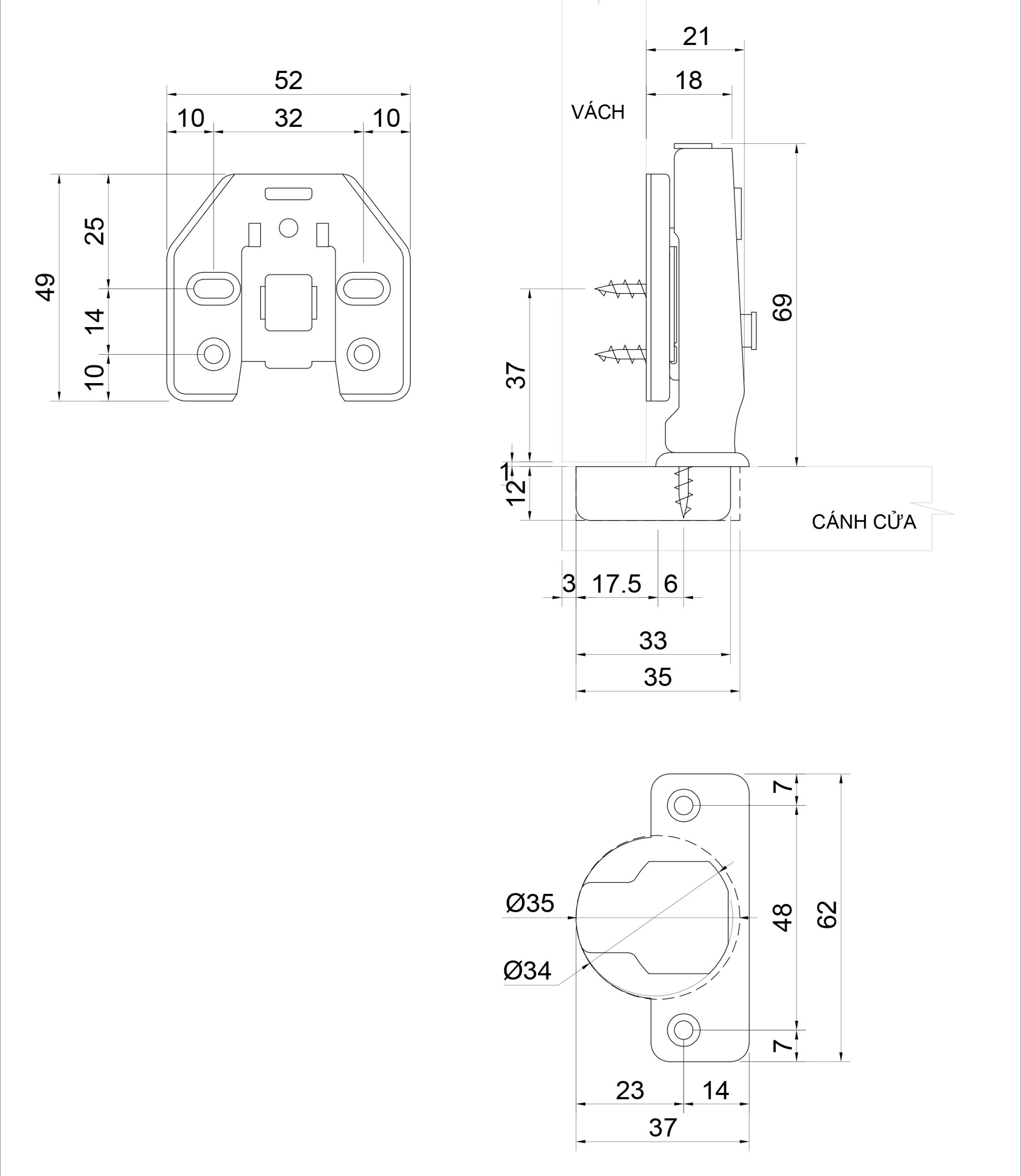 Thông số kỹ thuật bản lề bật giảm chấn IVAN 01608.001