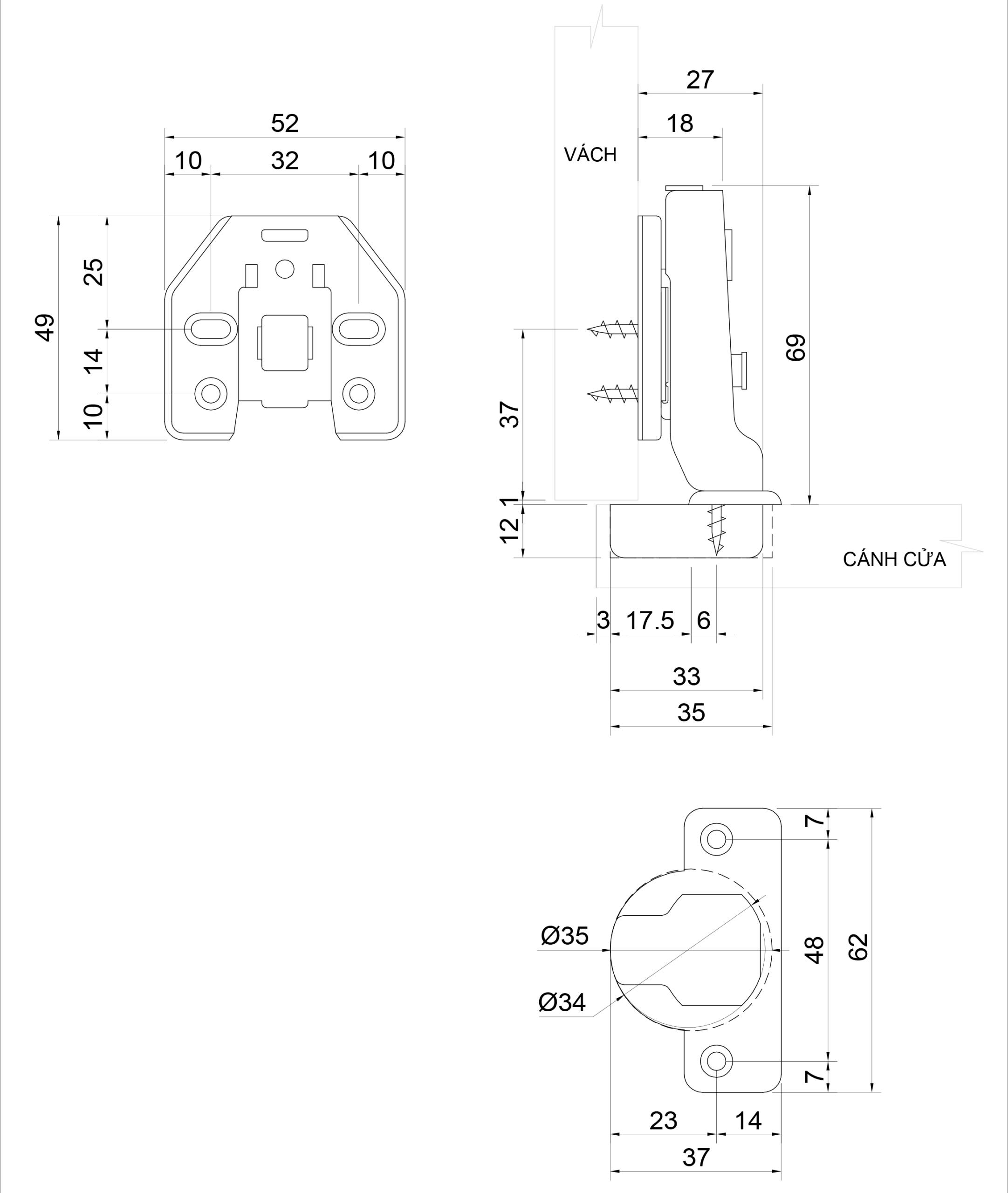 Thông số kỹ thuật bản lề bật giảm chấn IVAN 01608.002