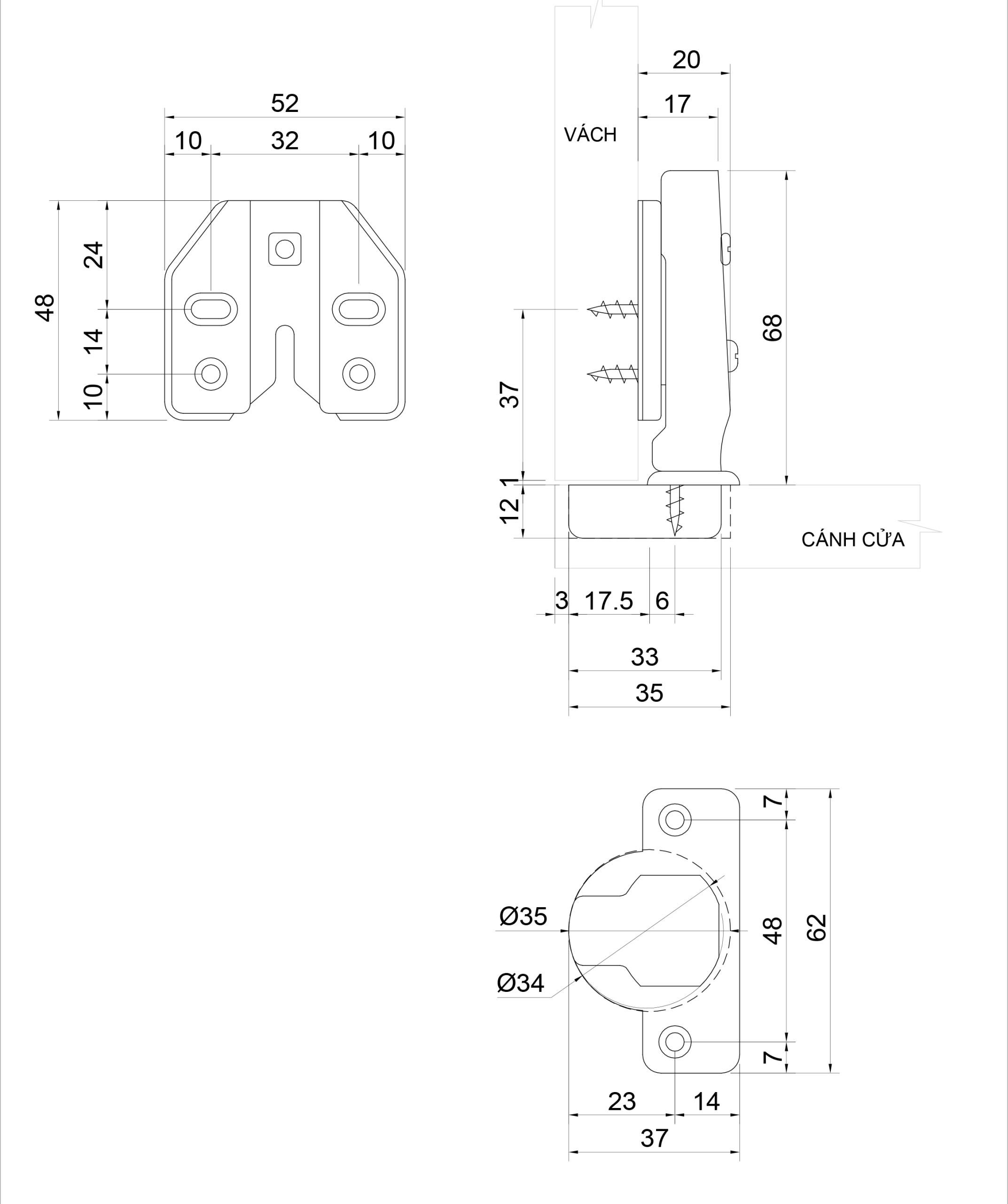 Thông số kỹ thuật bản lề bật giảm chấn IVAN 01618.001