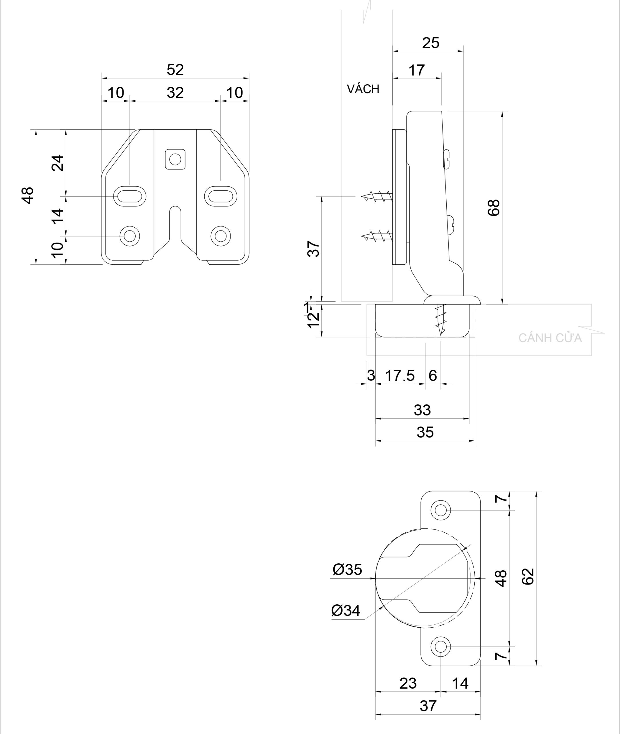 Thông số kỹ thuật bản lề bật giảm chấn IVAN 01618.002