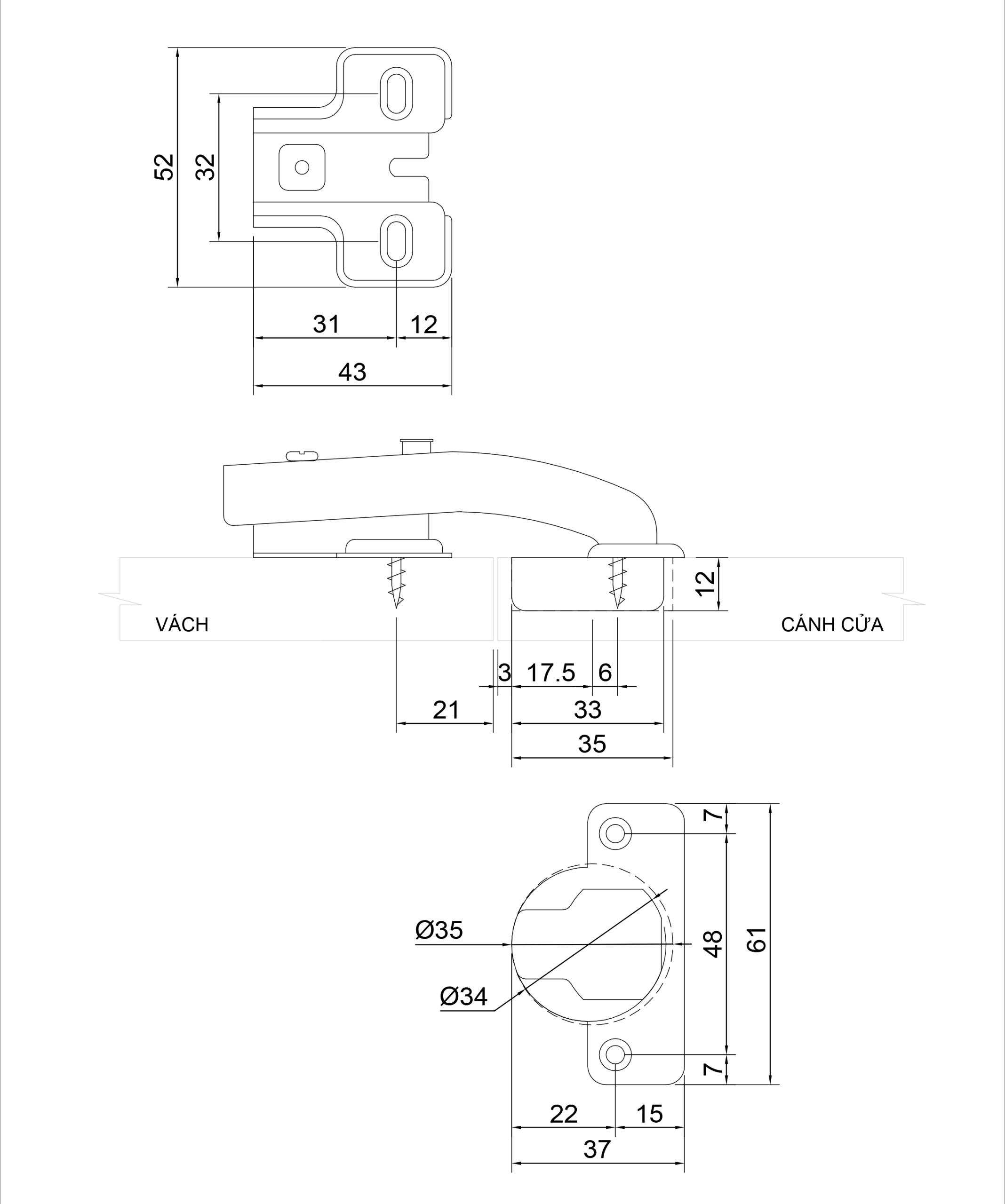 Thông số kỹ thuật bản lề bật giảm chấn IVAN 01708.001-90°