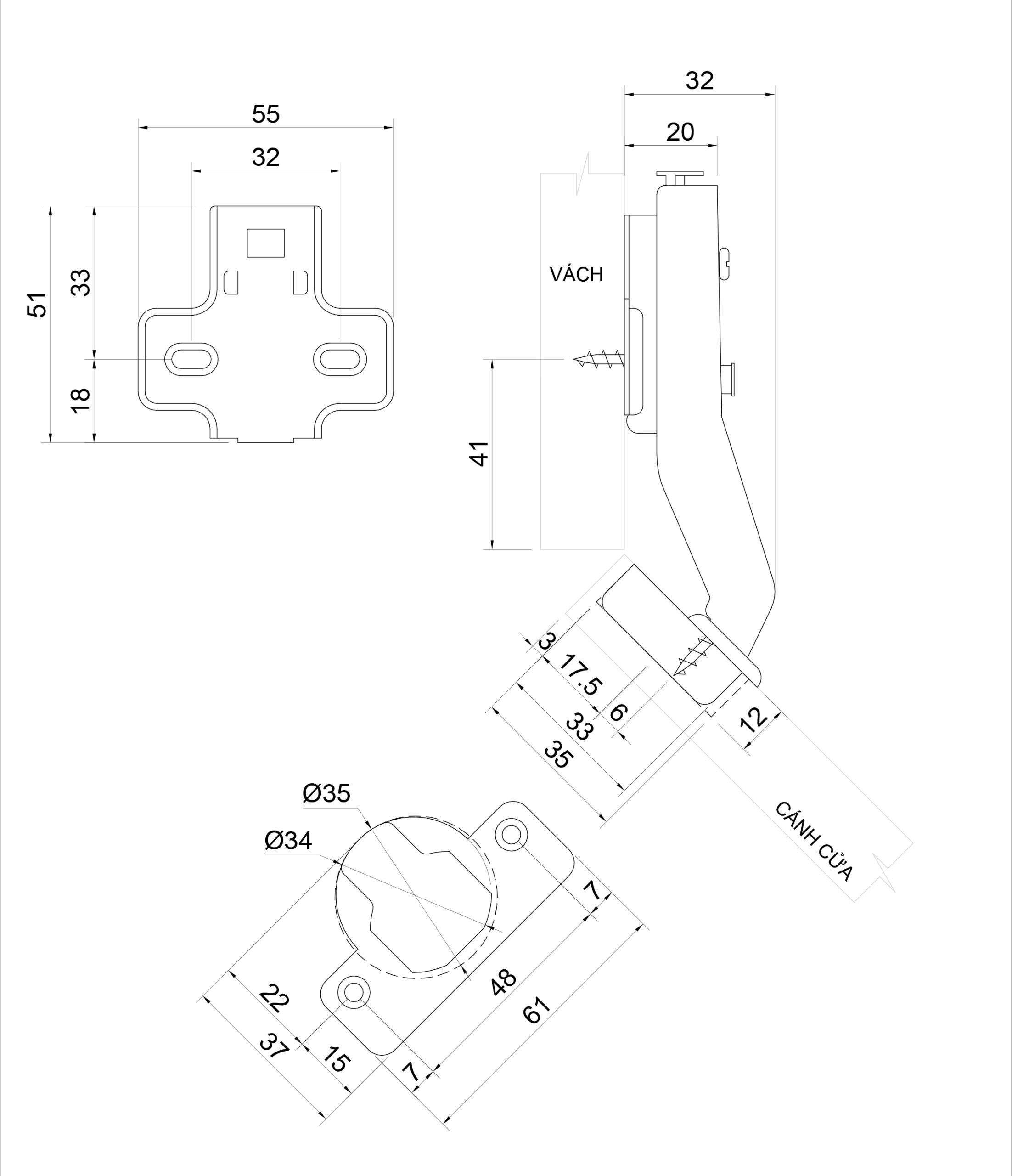 Thông số kỹ thuật bản lề bật giảm chấn IVAN 01708.002-45°