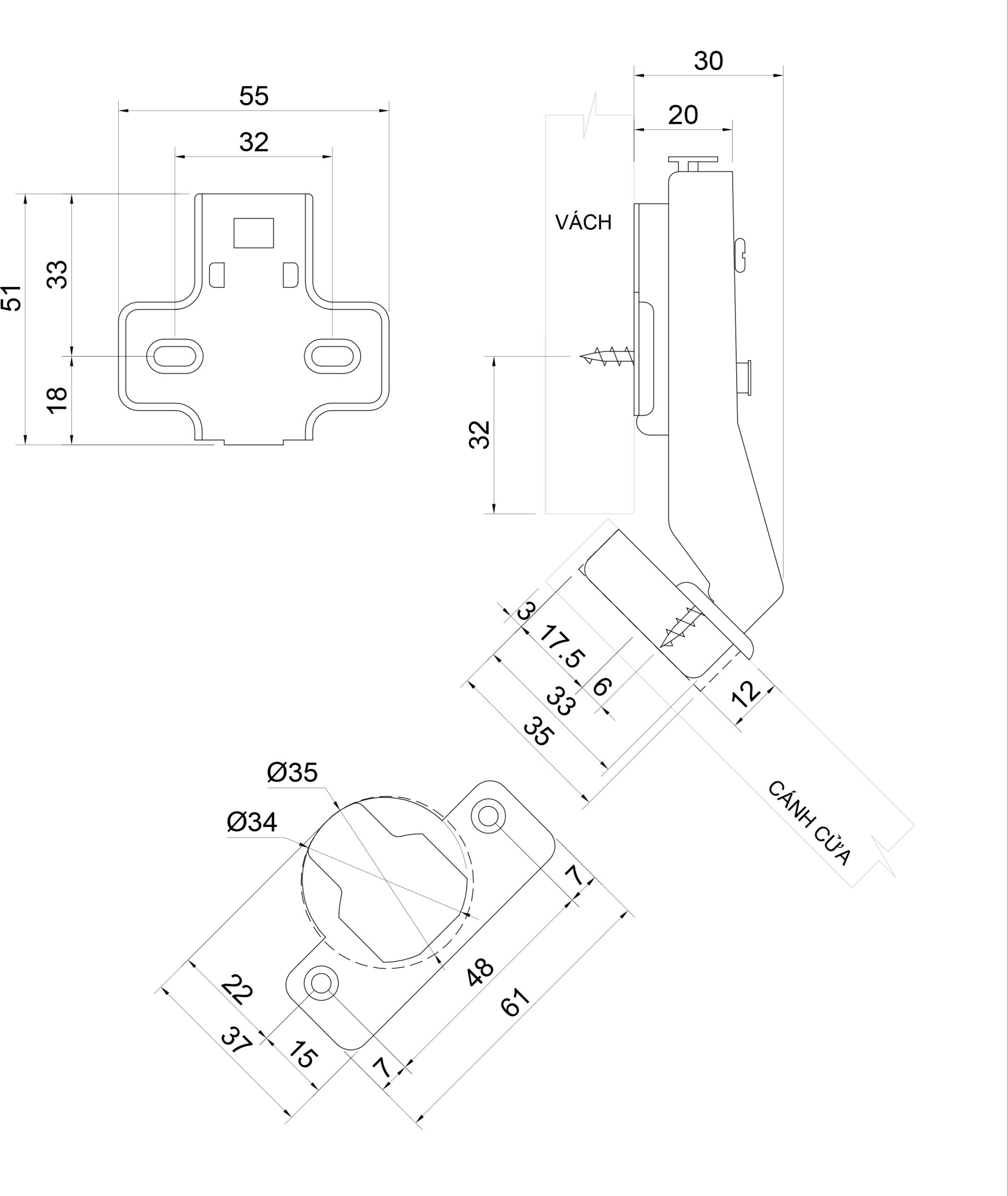 Thông số kỹ thuật bản lề bật giảm chấn IVAN 01708.003-30°