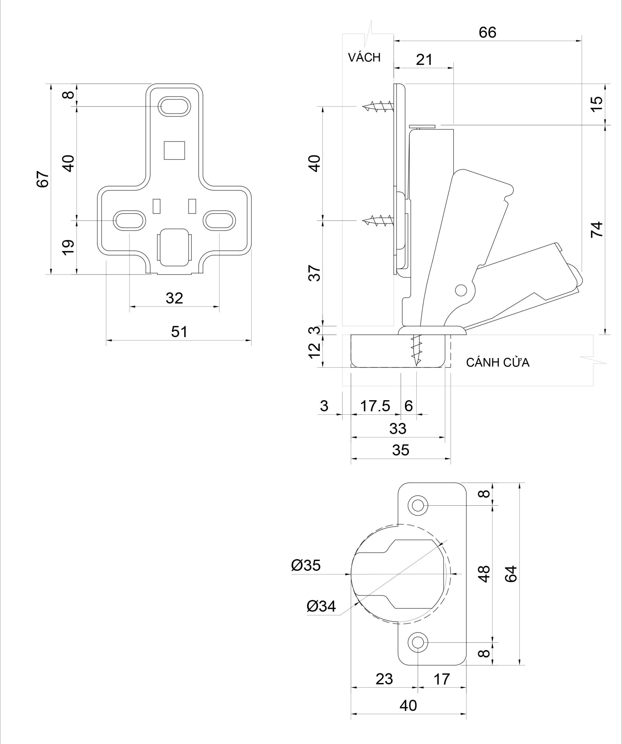 Thông số kỹ thuật bản lề bật giảm chấn IVAN 01718.001 - 165°