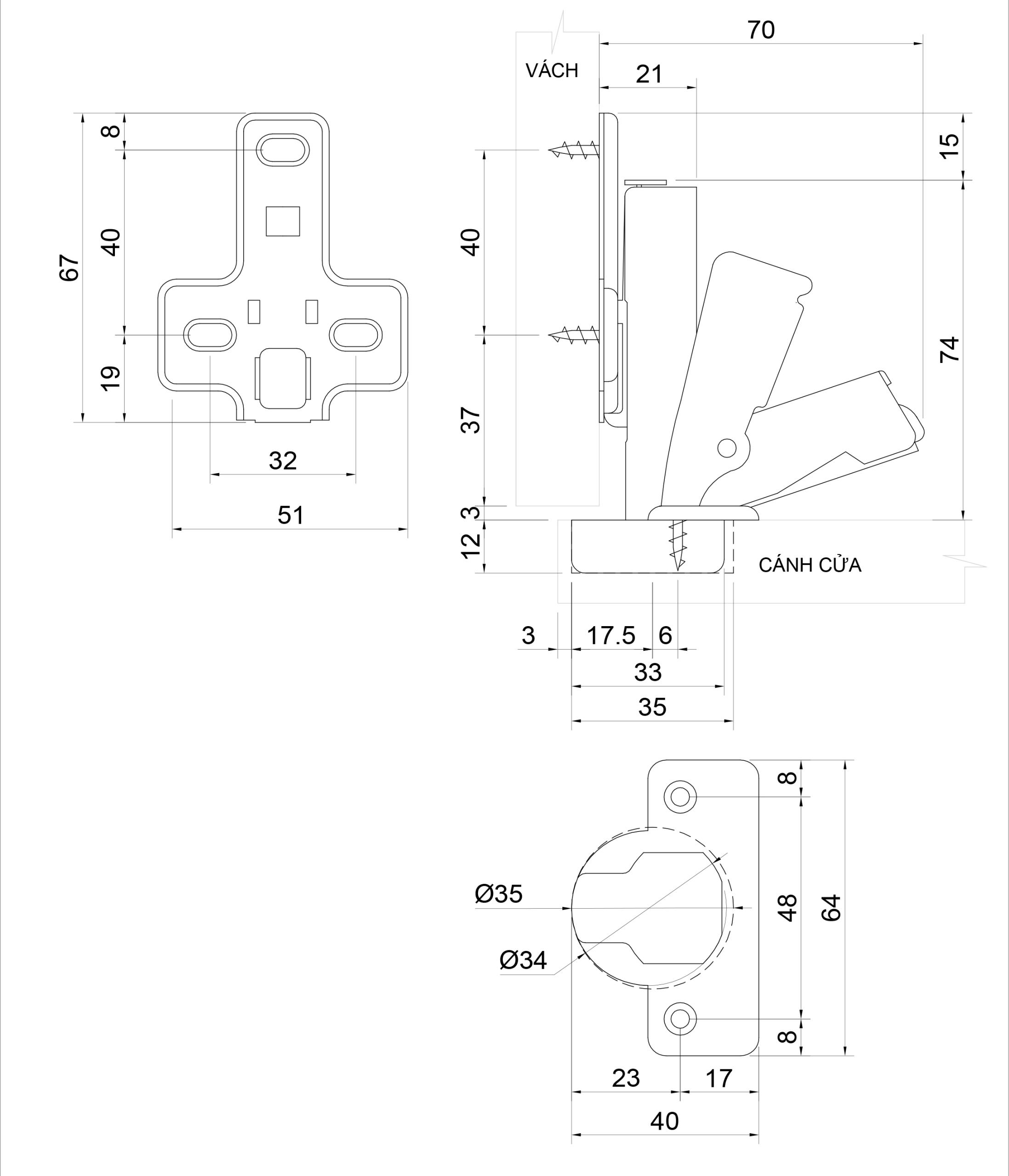 Thông số kỹ thuật bản lề bật giảm chấn IVAN 01718.002 - 165°