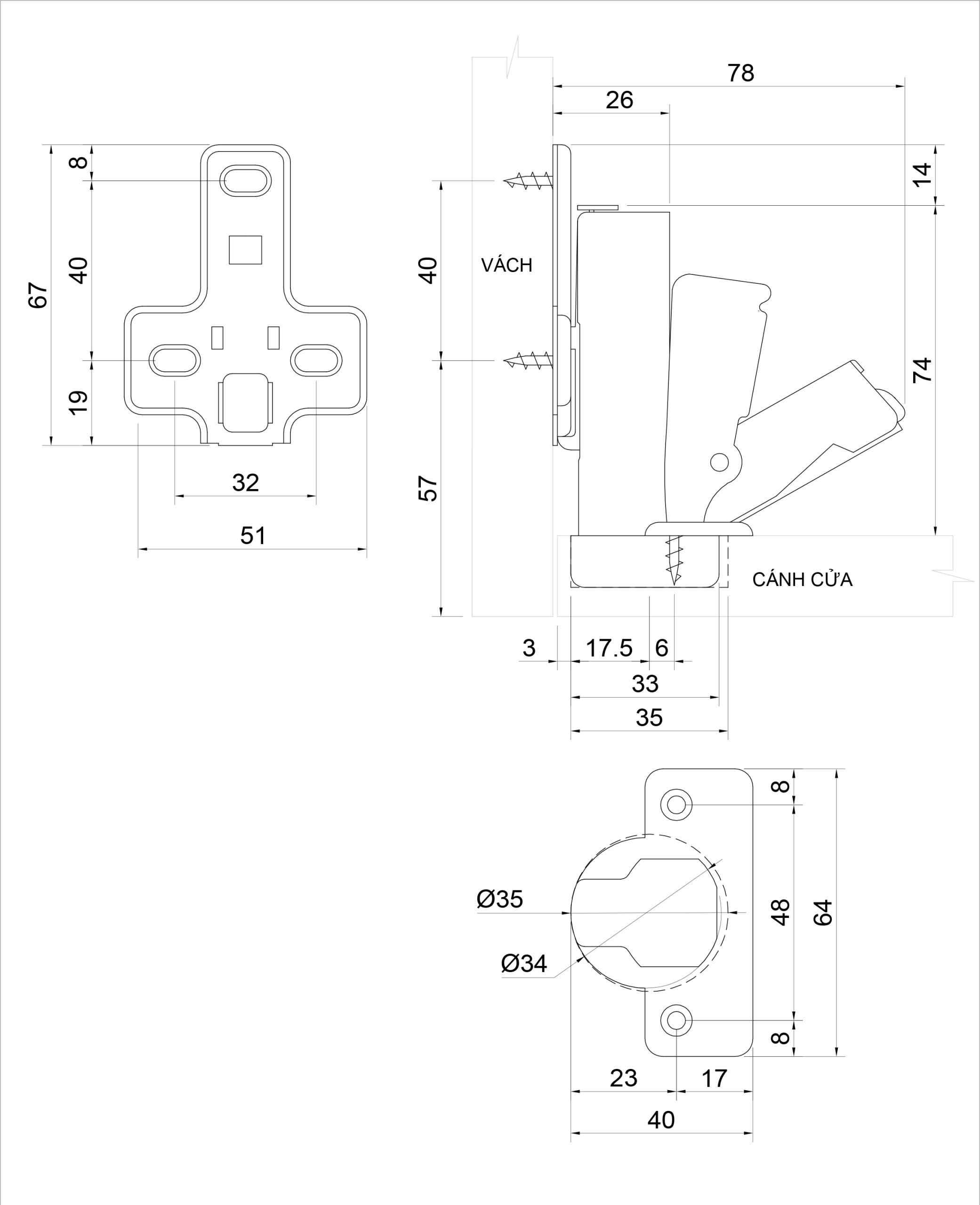 Thông số kỹ thuật bản lề bật giảm chấn IVAN 01718.003 - 165°