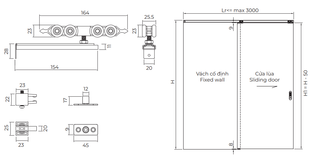 Thông số kỹ thuật bánh xe lùa treo 8 bánh Vickini 47855.001 150kg đế inox 201