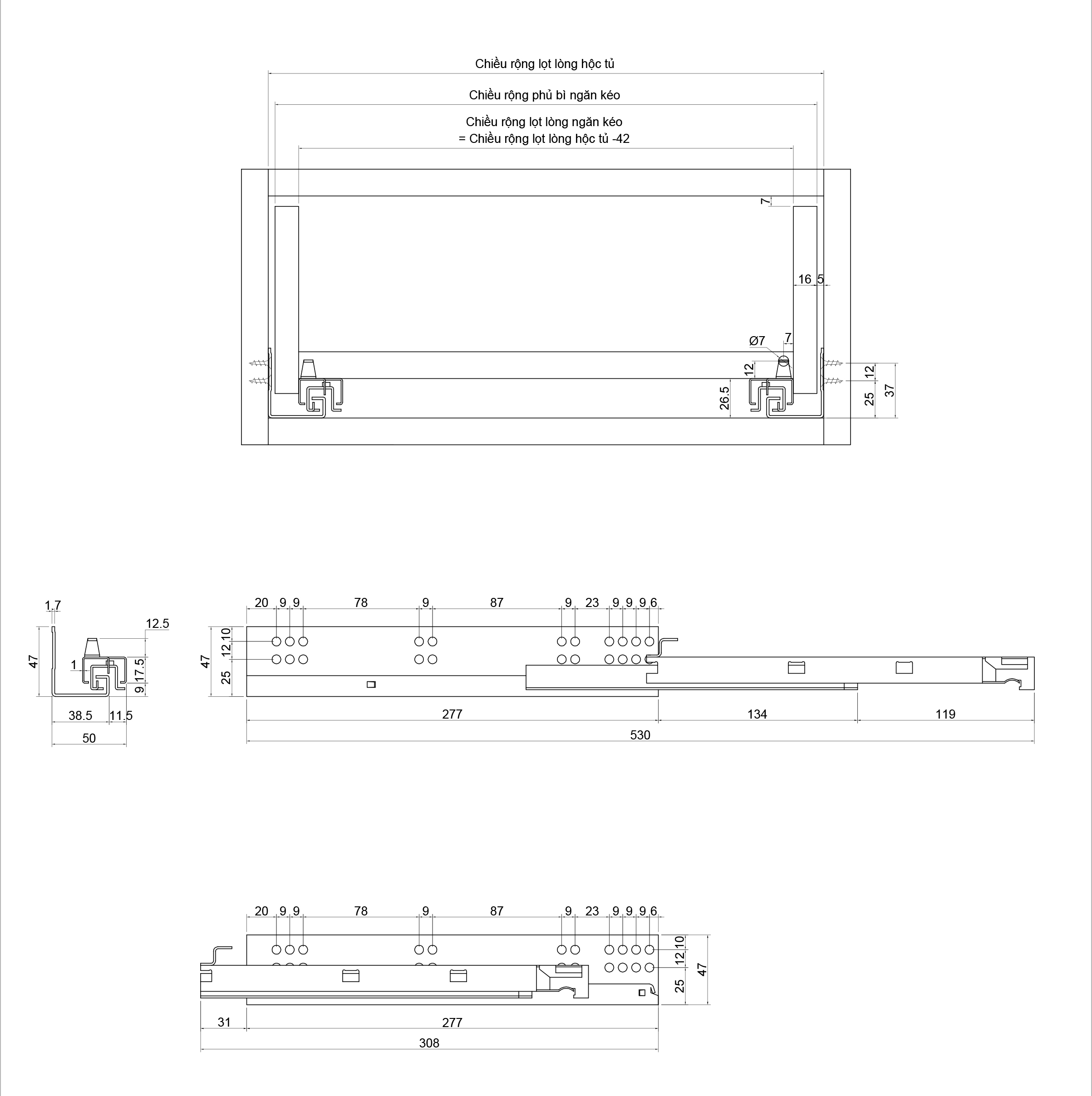 Thông số kỹ thuật thanh ray trượt 3 tầng giảm chấn IVAN 02183.300