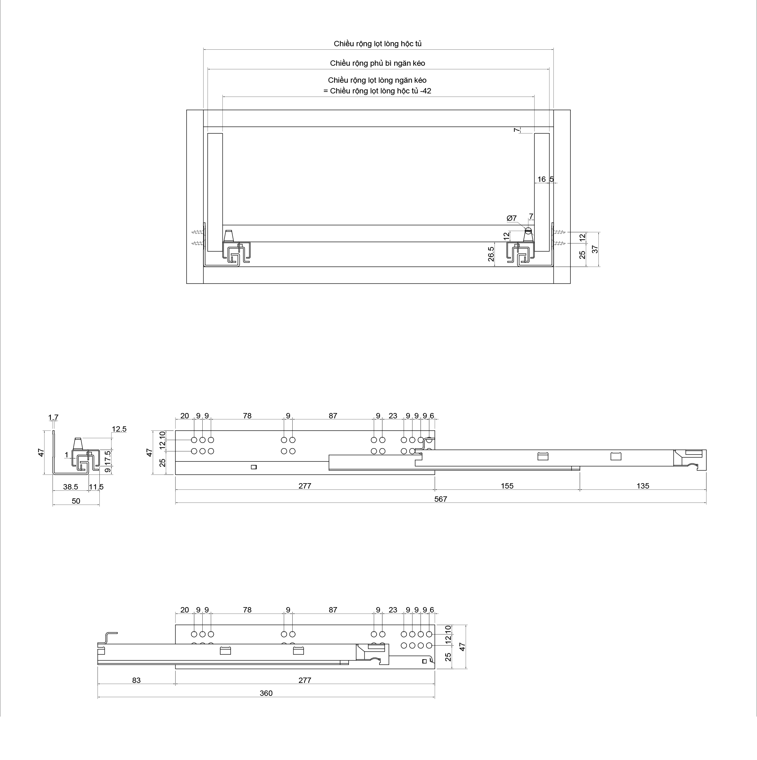 Thông số kỹ thuật thanh ray trượt 3 tầng giảm chấn IVAN 02183.350